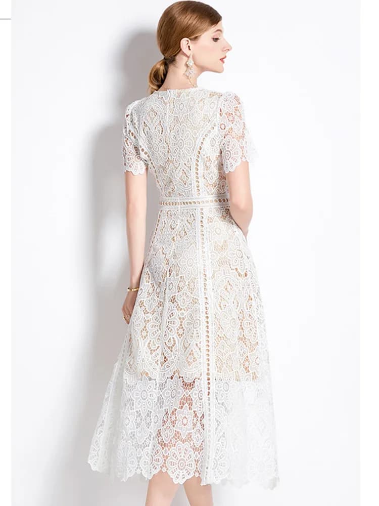 SMTHMA-Robe longue en dentelle évidée pour femme, manches courtes, élégante, mi-longue, haute qualit