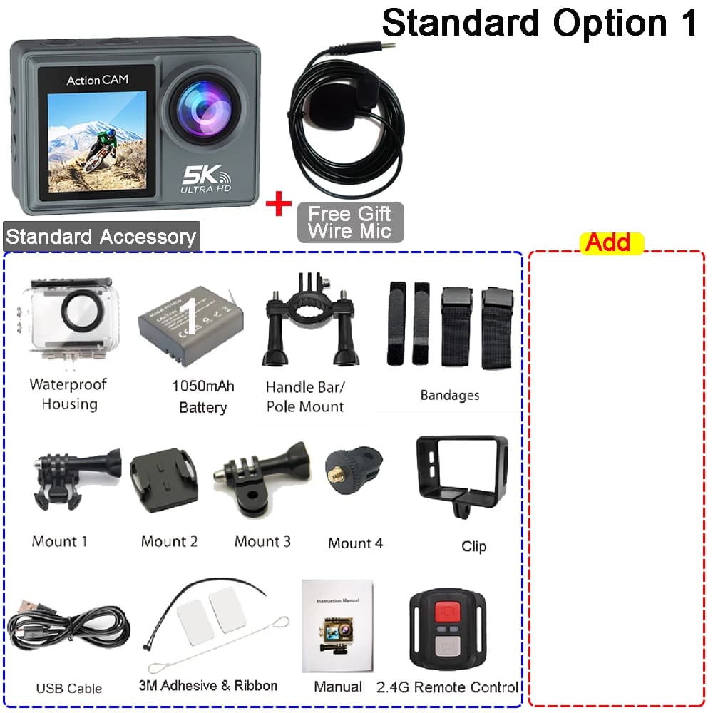 Caméra d'action 5K 4K60FPS double IPS tactile LCD EIS 170 °   Caméra de sport étanche 30M, zoom 5X, 