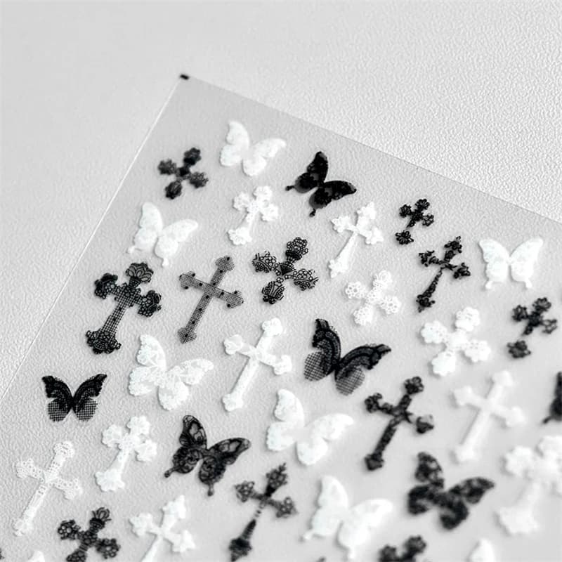 Femme Sexy noir blanc dentelle papillon croix 5D doux en relief Relief auto-adhésif Nail Art décorat