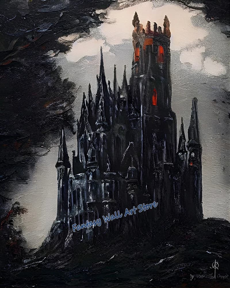 Château sombre gothique, château de terreur, maison de Dracula, mythologie, conte folklorique, affic