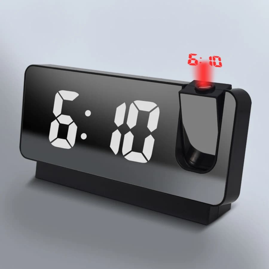 1 réveil enfichable à affichage miroir LED, projection de temps, fonction de mémoire de mise hors te