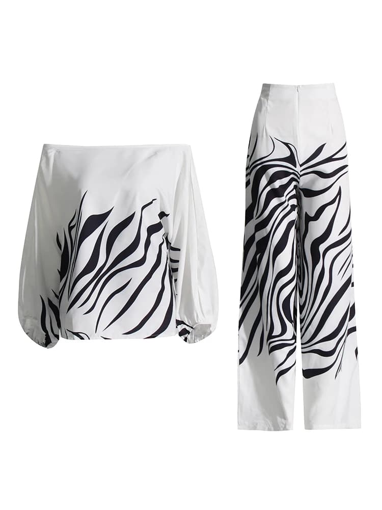 TWOTWurea-Ensemble deux pièces imprimé YLE pour femme, col slash, manches lanterne, pantalon taille 