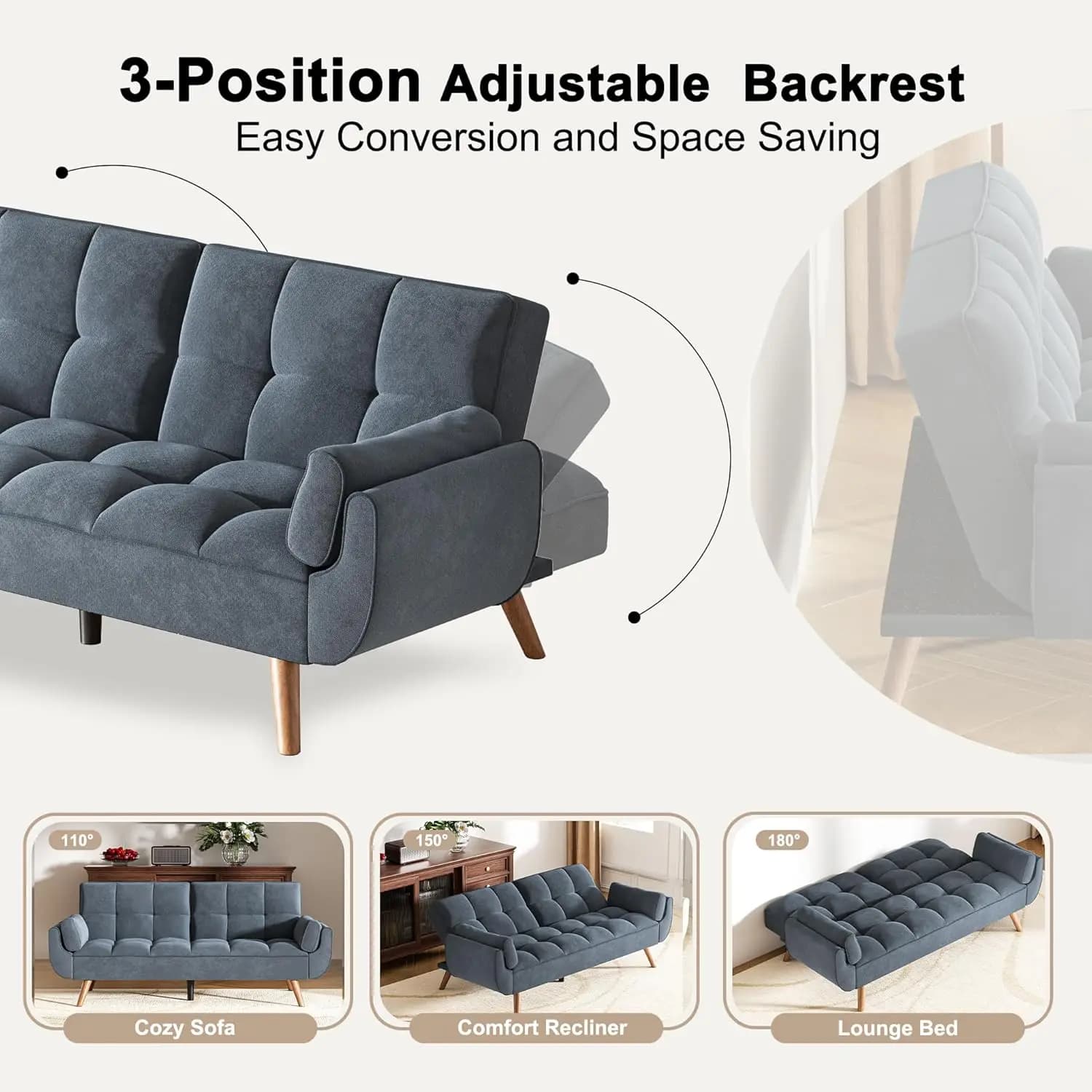 Canapé futon pour petits espaces et appartements, canapé-lit convertible moderne et confortable 2-en