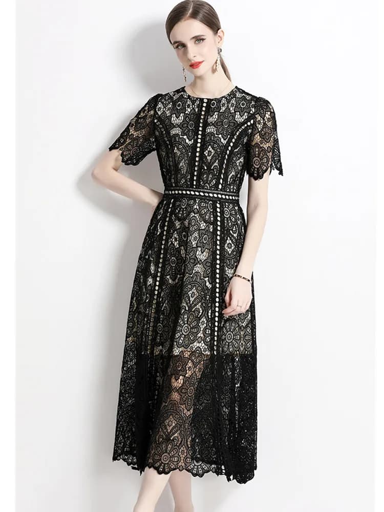 SMTHMA-Robe longue en dentelle évidée pour femme, manches courtes, élégante, mi-longue, haute qualit