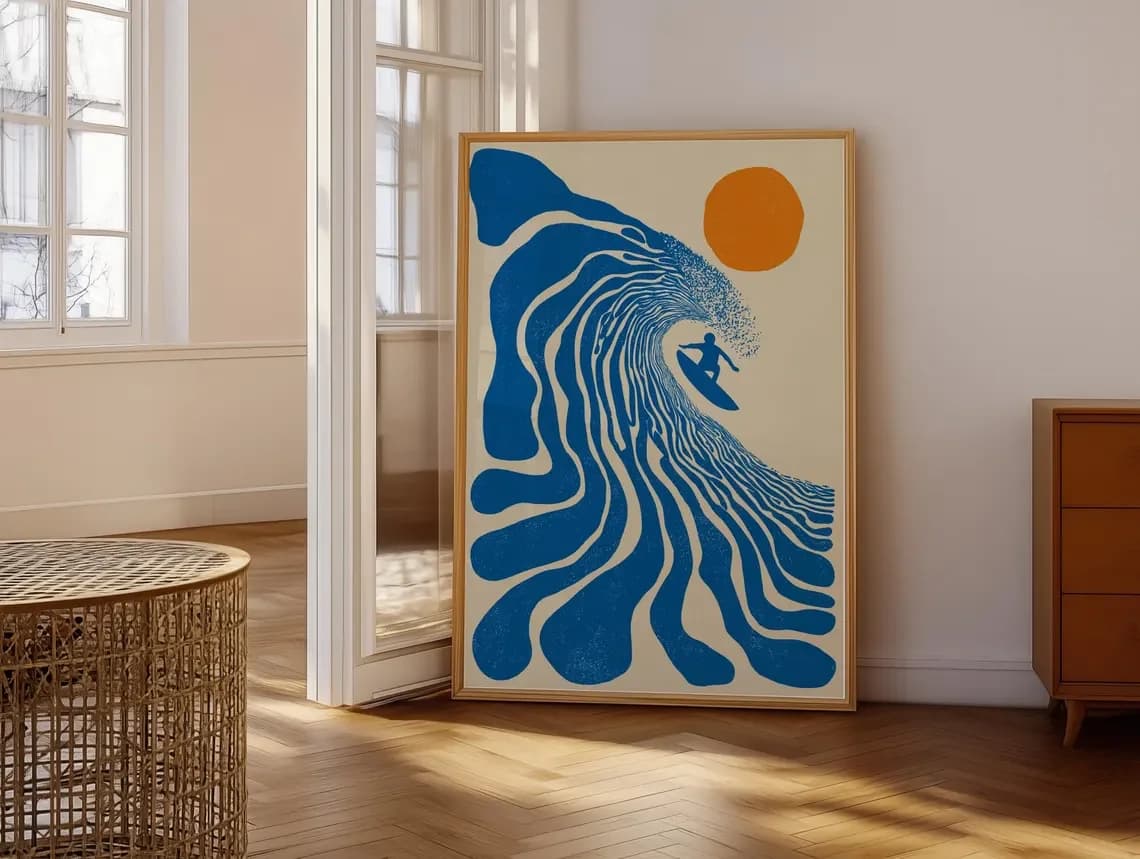 Art mural Serene Ocean Surfer - Impression abstraite de vagues évoquant le calme et le flux de la me
