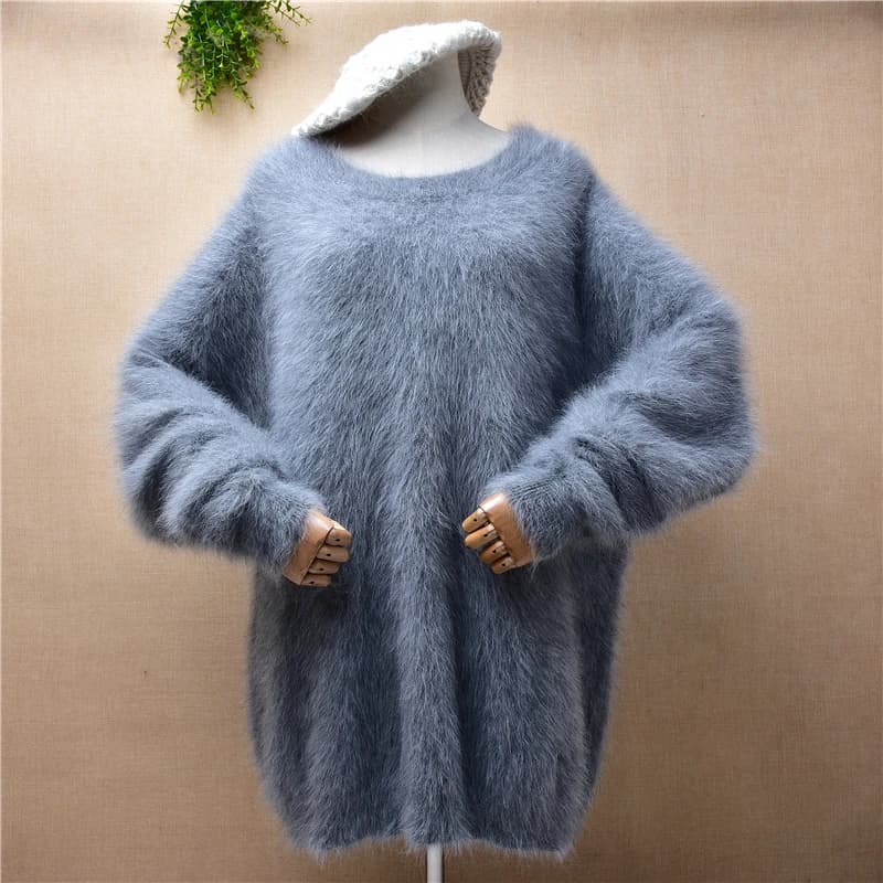Pull tricoté en cachemire de vison pour femmes, doux, rose épais et chaud, col rond fendu, en fourru