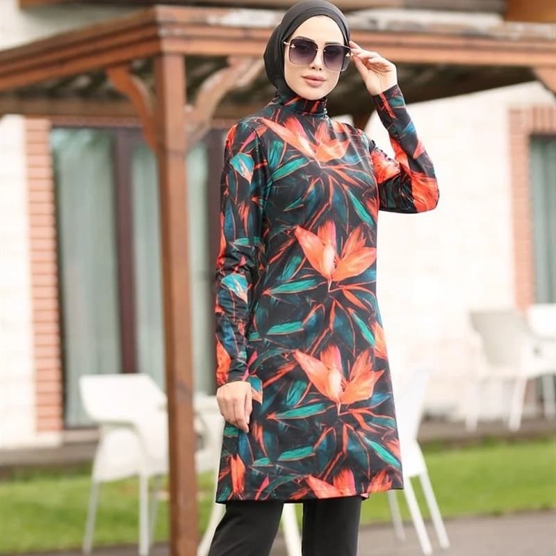 Maillot de bain musulman imprimé cuir chevelu érable pour femme, vêtements islamiques, hijab, sport,