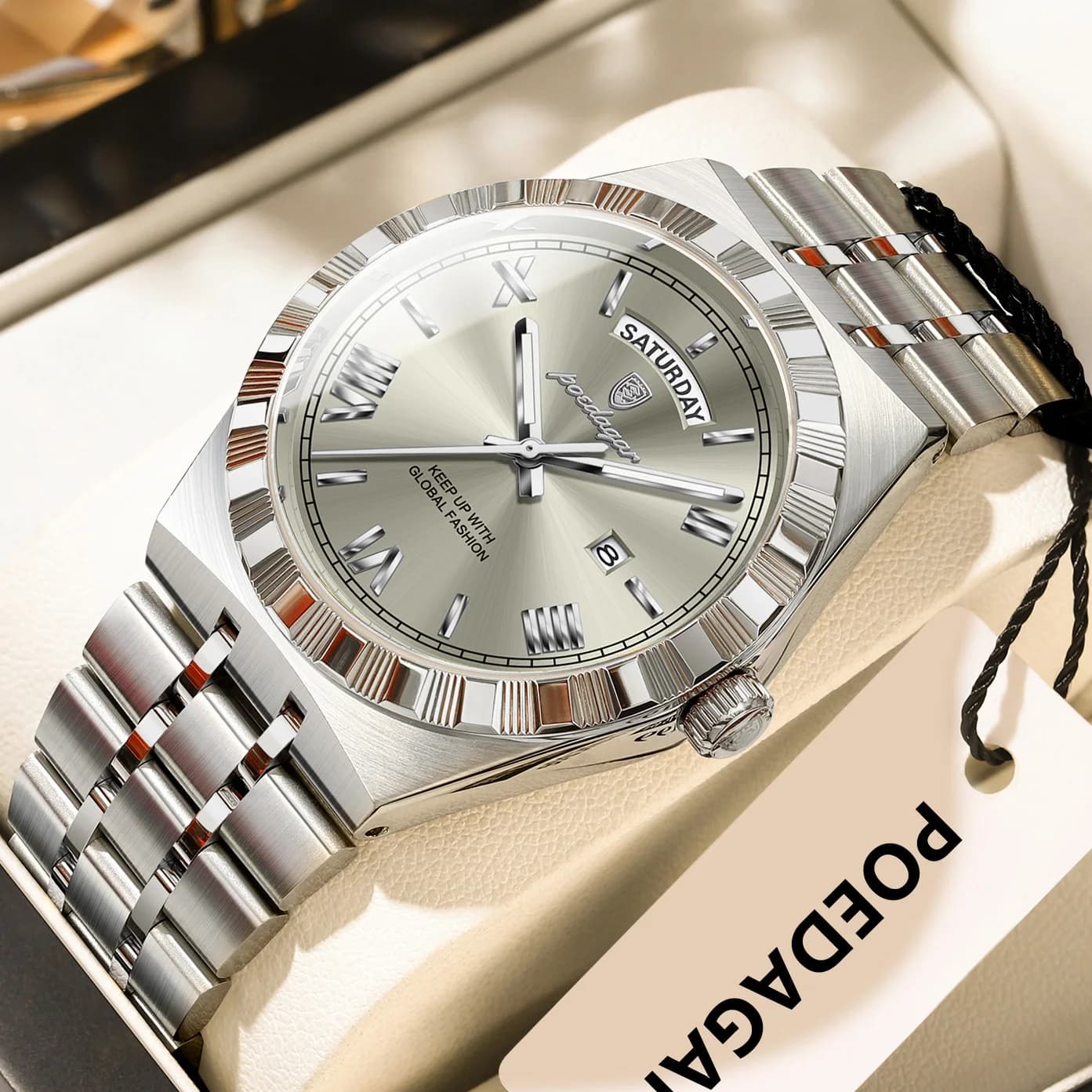 POEDAGAR luxe homme d'affaires montre semaine Date étanche montres lumineuses pour hommes en acier i