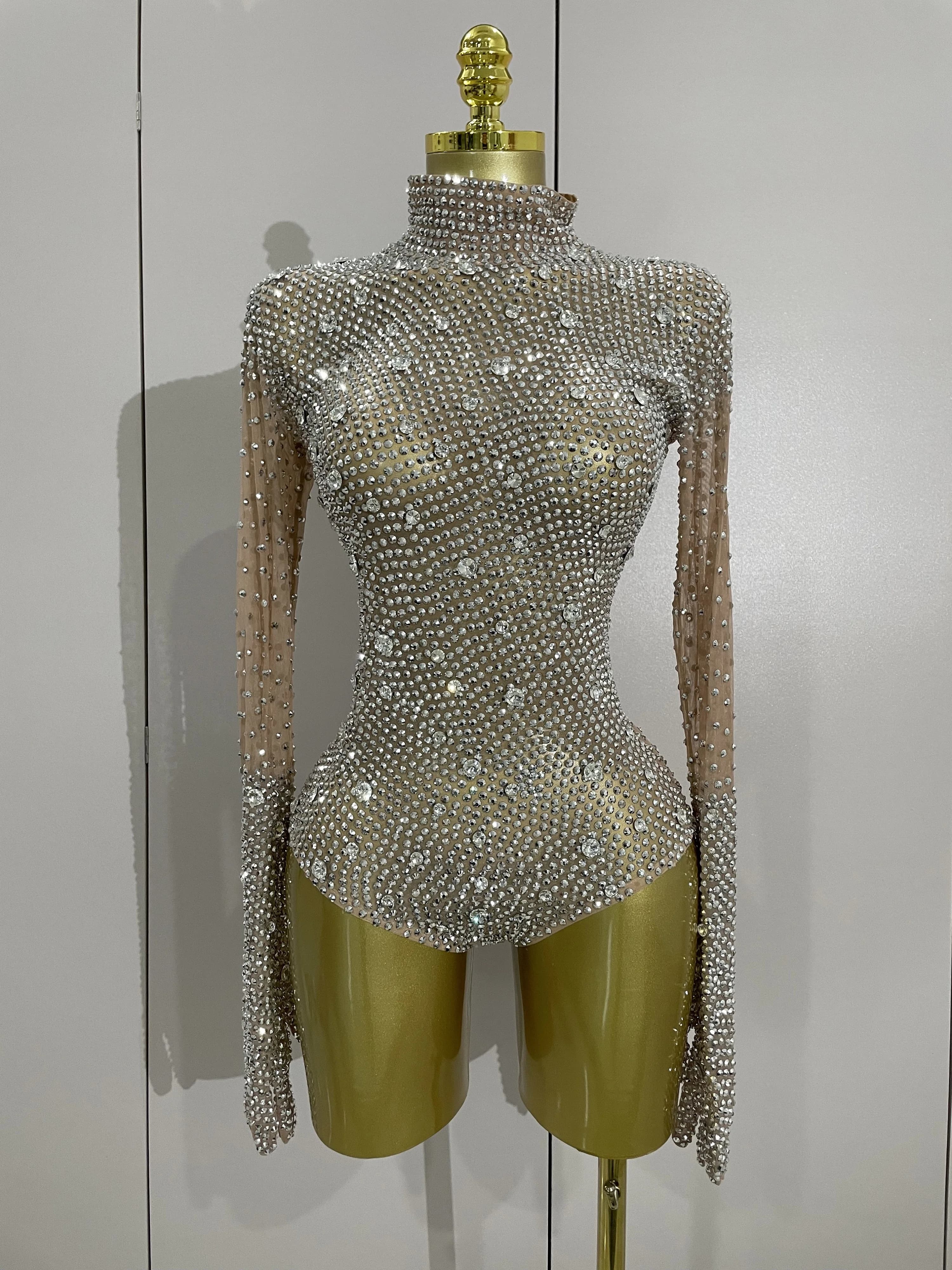 Gants à manches longues avec strass scintillants, body extensible pour femmes, soirée de luxe, fête 