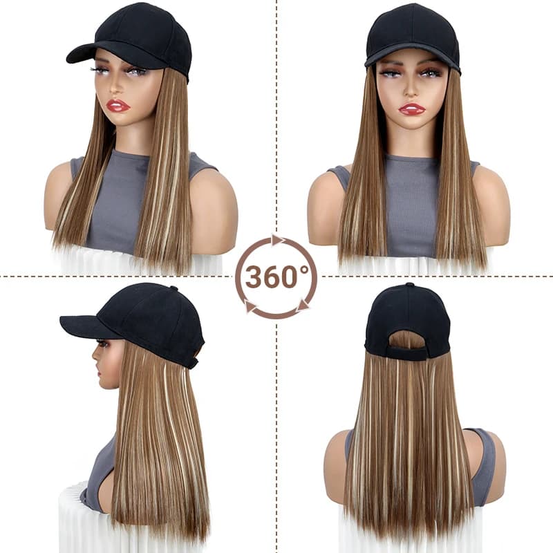 Perruque de chapeau synthétique avec cheveux noirs longs et lisses, Extension capillaire, Design tou