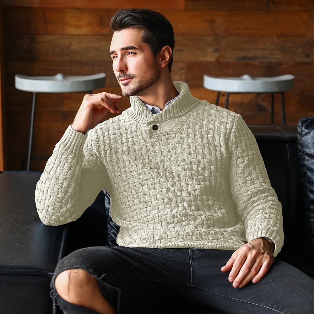 Pull tricoté à col ras du cou pour homme, chaud et doux, manches longues, bord côtelé texturé, confo