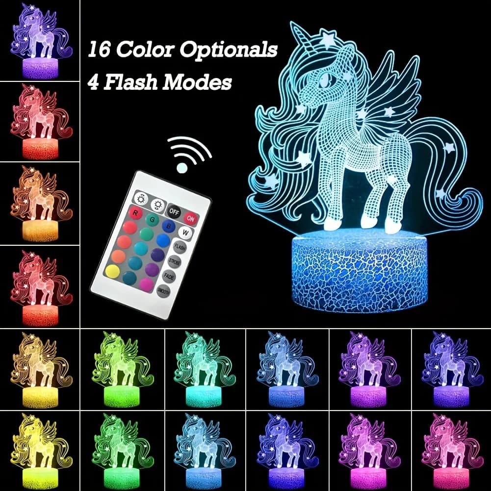 Veilleuse 3D poney mignonne, avec toucher et télécommande, lumière ambiante à 16 couleurs changeante
