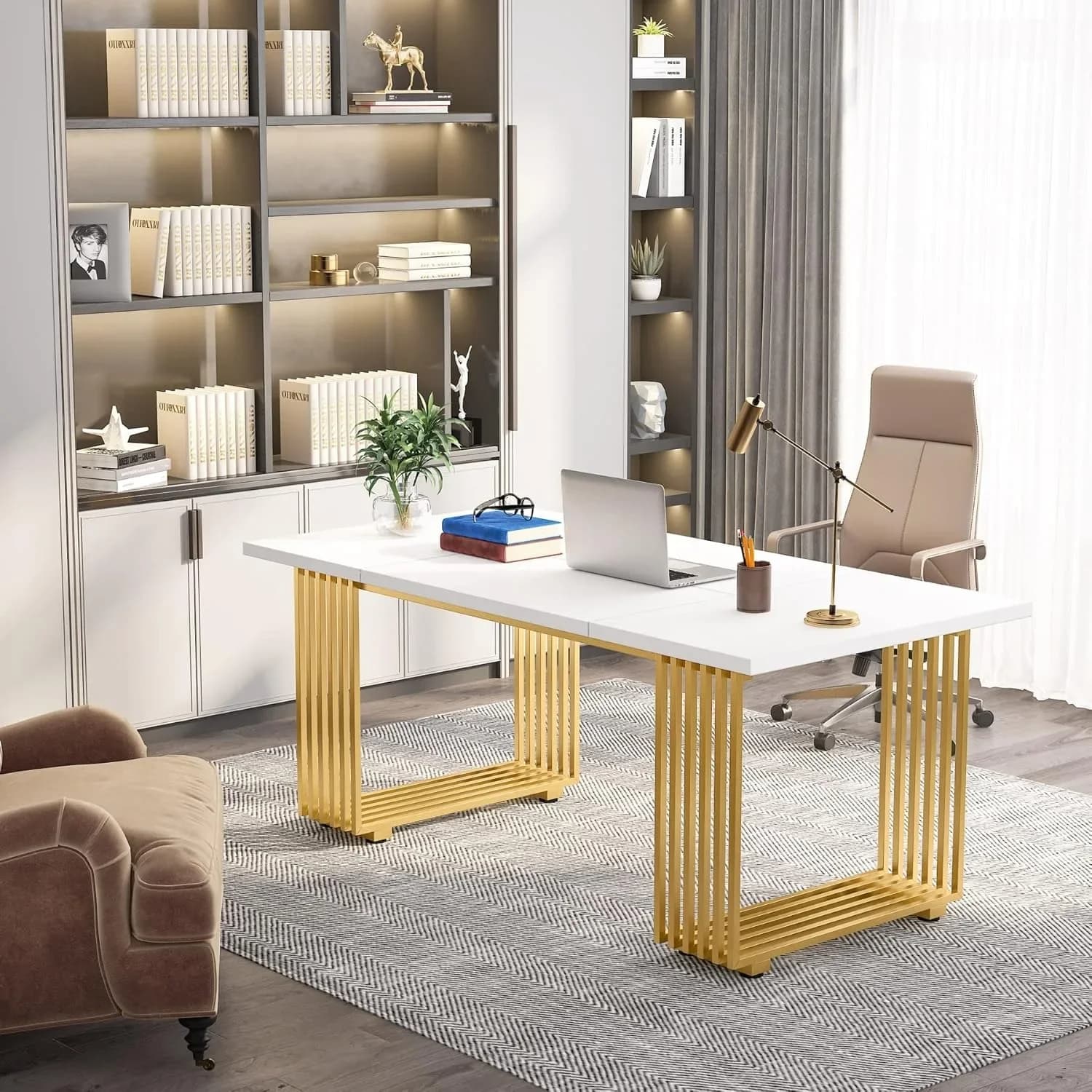 Bureau de travail blanc LITTLE TREE 70,9 pouces, bureau de direction moderne avec pieds en métal dor