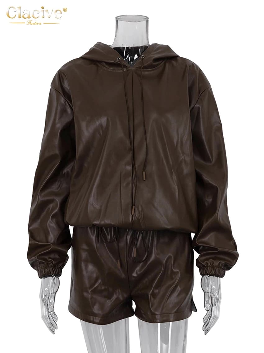ClacMarkets-Ensemble 2 pièces en cuir PU marron pour femme, haut à capuche élégant, manches longues,