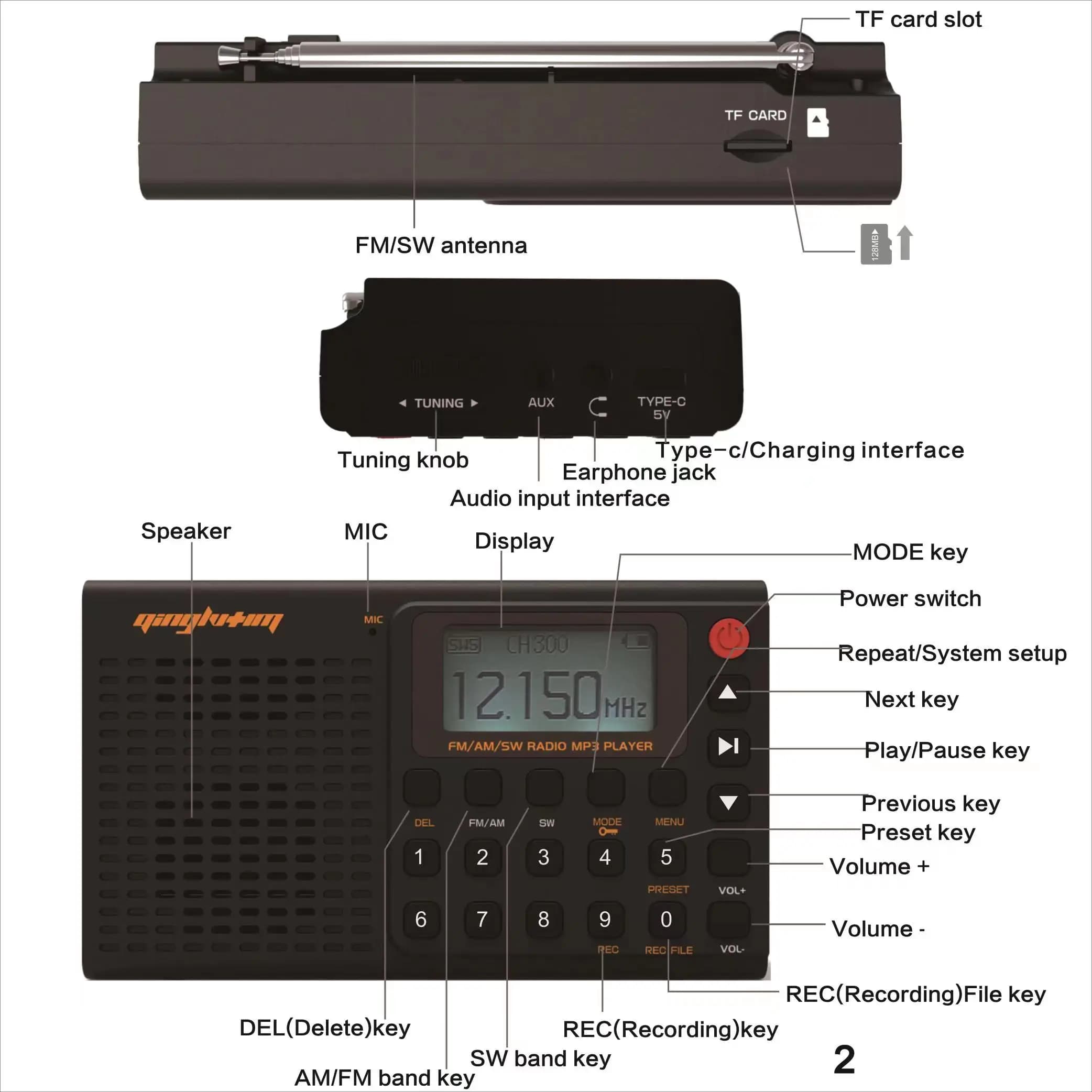 Enregistreur radio Bluetooth portable pleine bande, AM, FM, SW, radio numérique aste, prise en charg