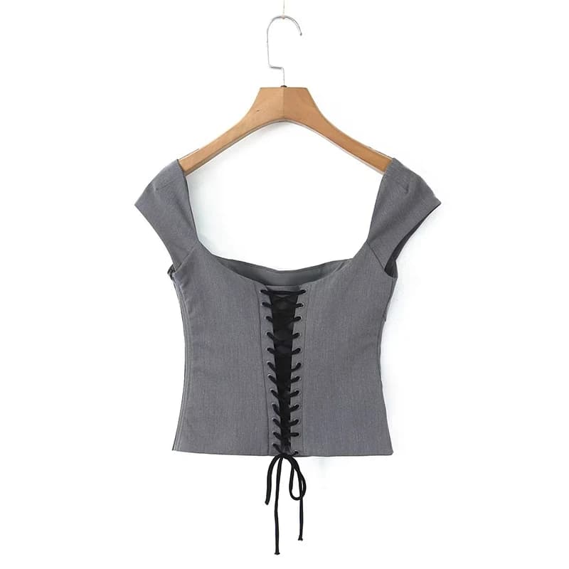 YENKYE-Haut Court à Manches Courtes et Col Carré pour Femme, Vêtement à Lacets, Bandage dans le Dos,
