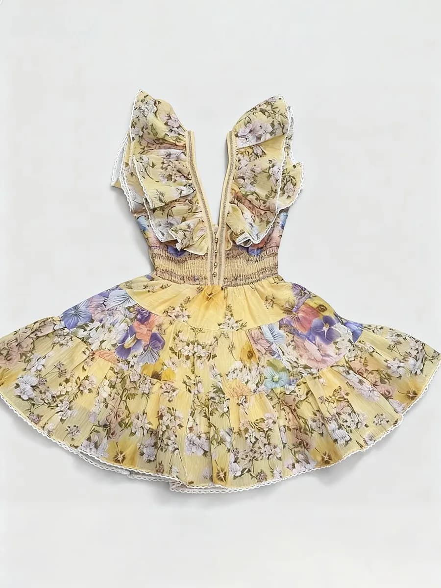 TWOTWINSTYLE minceur impression épissé volants plis robes élégantes pour les femmes col en V sans ma