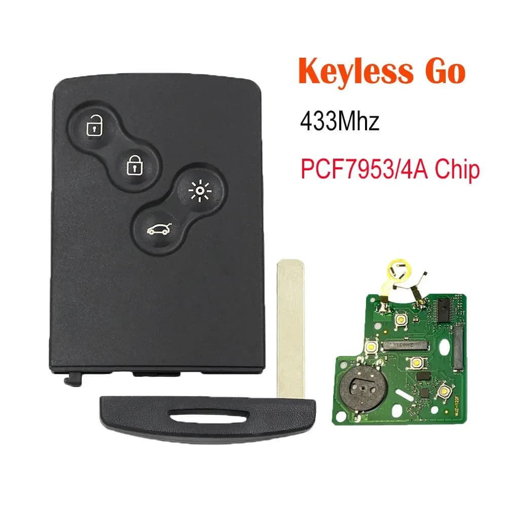 Clé de Voiture Intelligente à 4 lèvent, Transpondeur PCF7945/PCF7953 4A, 433Mhz, pour Renault Clio 4