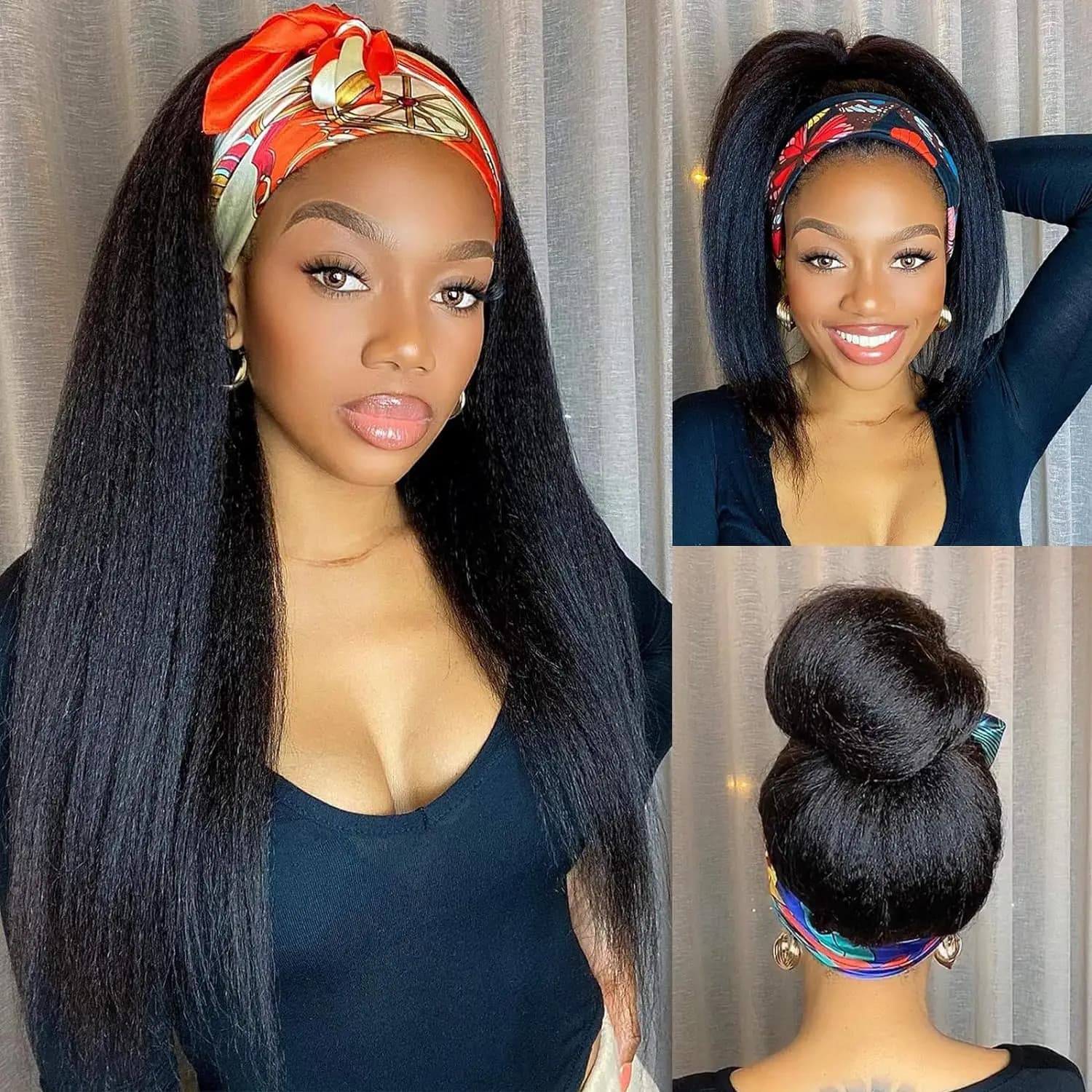 Perruque synthétique Yaki lisse et crépue pour femmes, perruque avec bandeau noir, facile à coiffer,