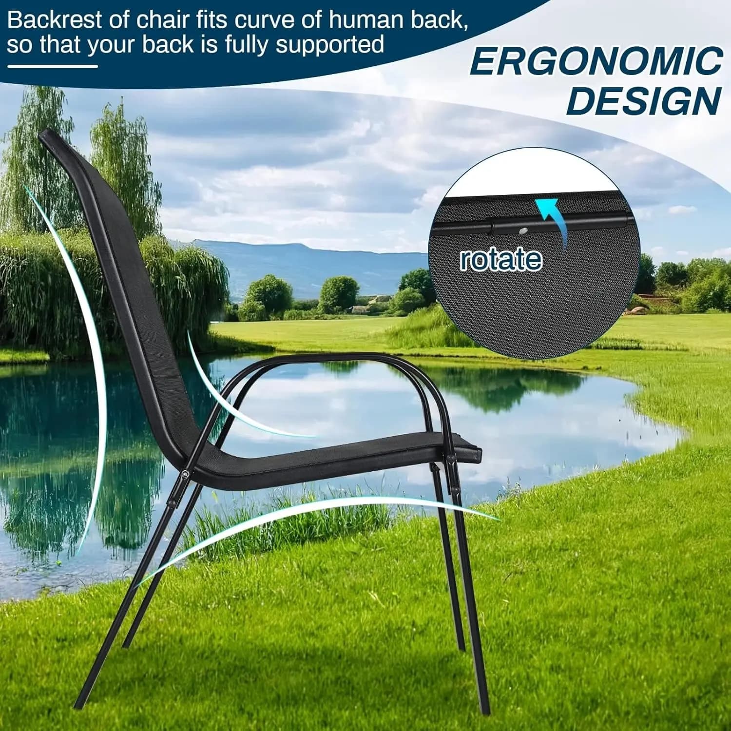 Lot de 6 chaises empilables d'extérieur grises avec tissu Teslin Flex Comfort et structure en métal 