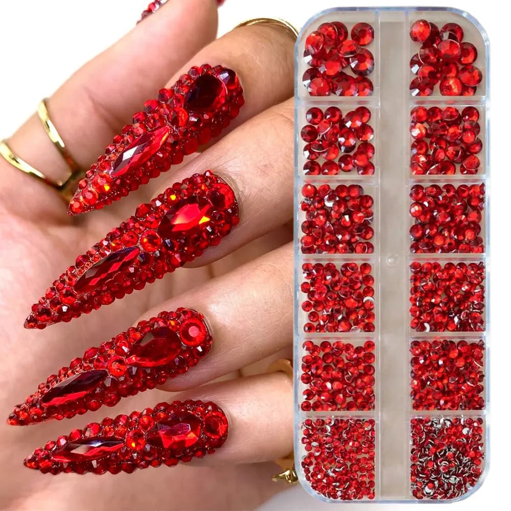 Strass pour ongles rouges, 12 grilles, 2/3/4/5mm, dos plat, cristal, diamant SS6/10/16/20/30, breloq