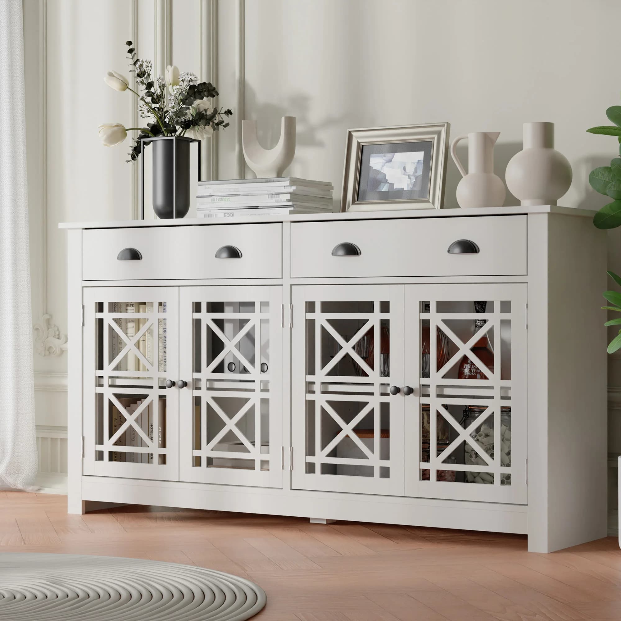 Buffet en bois avec 4 portes en verre acrylique, armoire de bar autoportante, armoire de planche mod