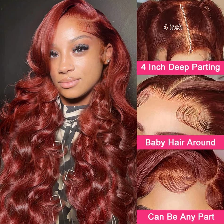 Perruque Lace Front Wig Body Wave Naturelle, Cheveux Humains, Couleur Rouge Brun HD, 13x4, 13x6, 4x4