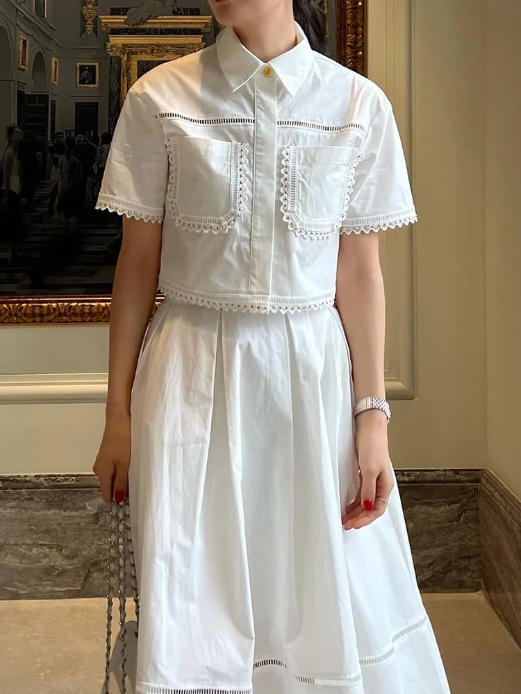 GALCAUR-Ensemble Deux Pièces Élégant pour Femme, Revers, Manches Courtes, Taille Haute, Ligne A, Jup