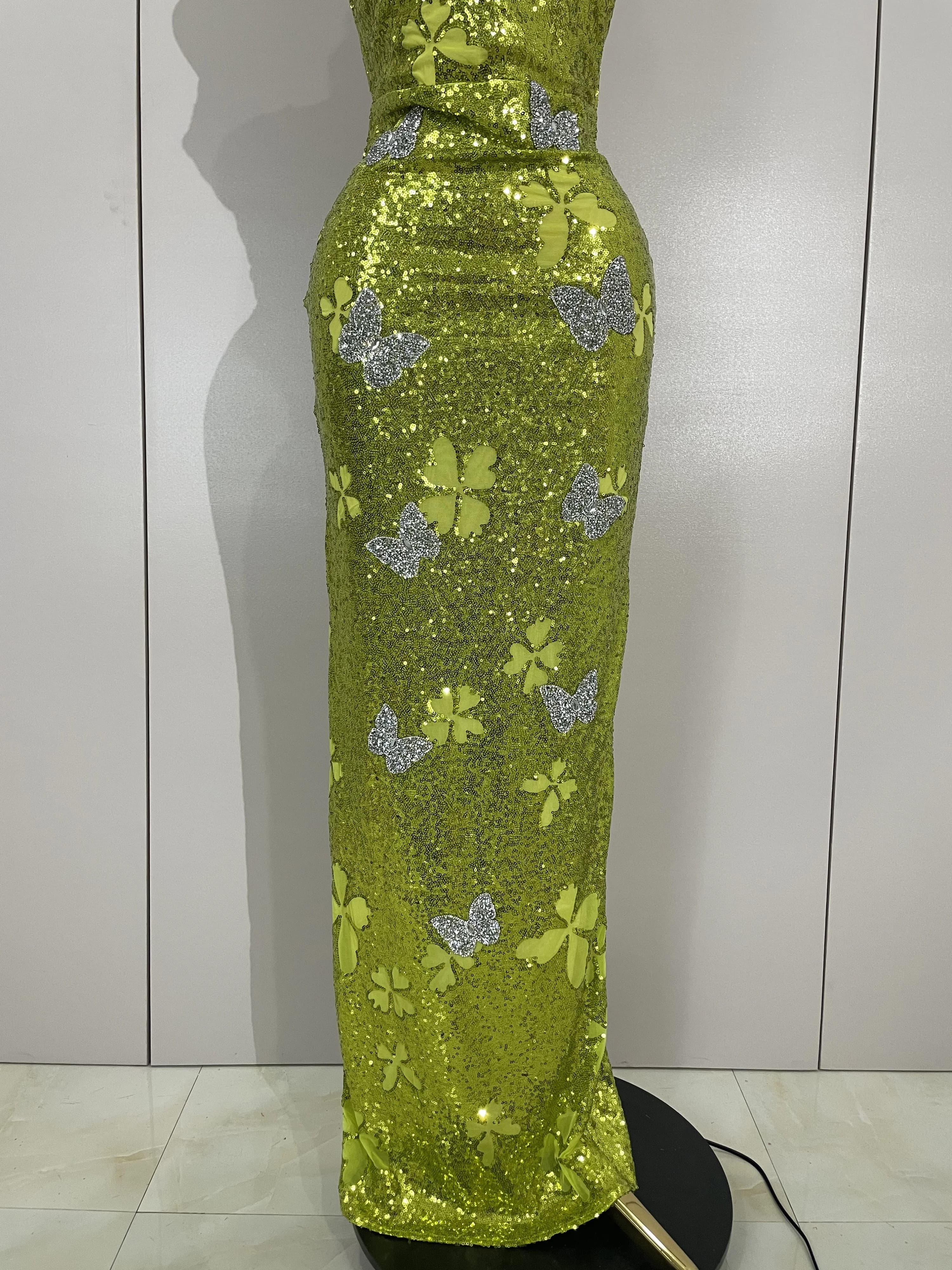 Élégant brillant papillon cristal Sexy licou vert moulante longue robe femmes célébrer soirée fête d