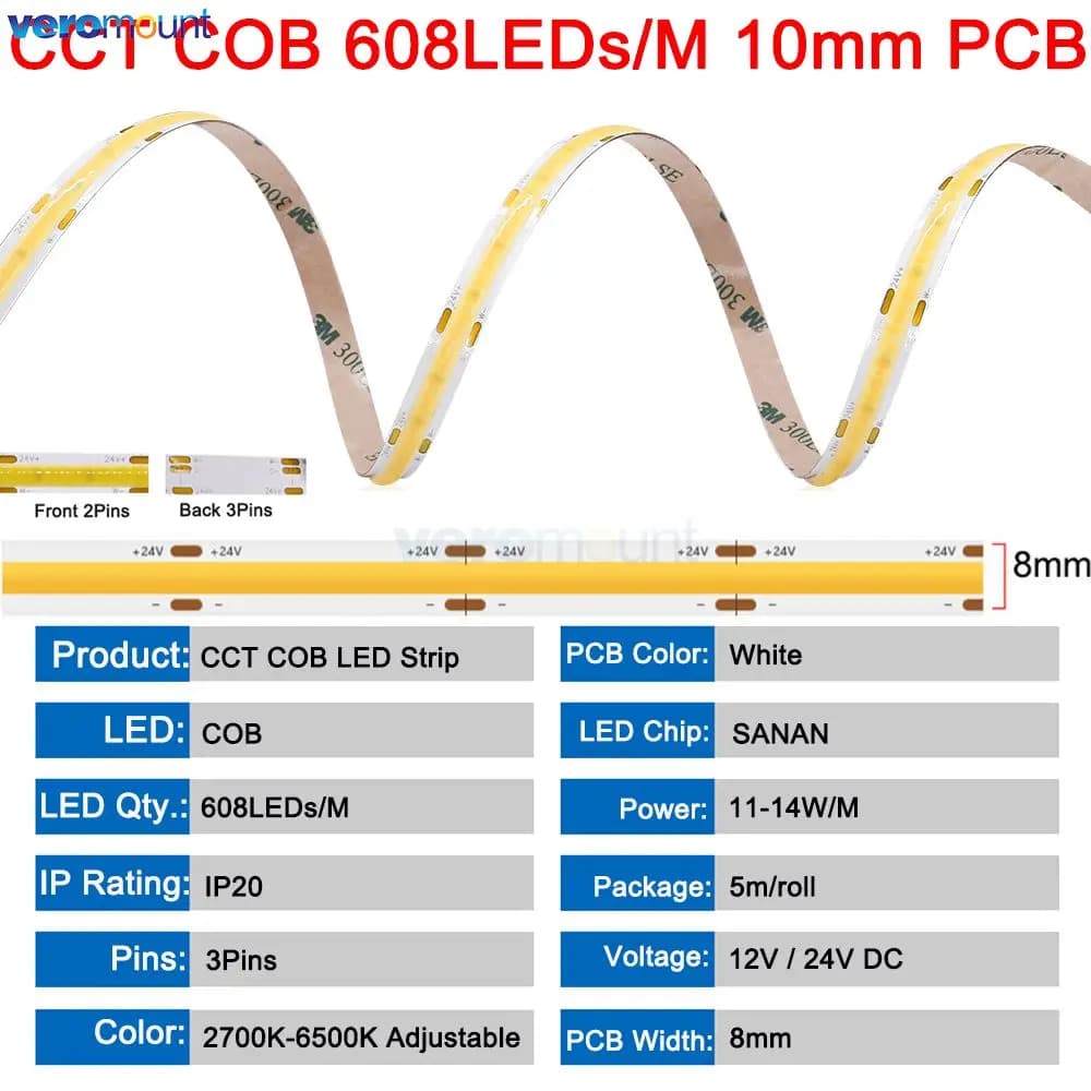 Bande LED COB CCT à Intensité Variable pour Touriste, Ruban Linéaire Flexible, Haute Densité, 3 Fils