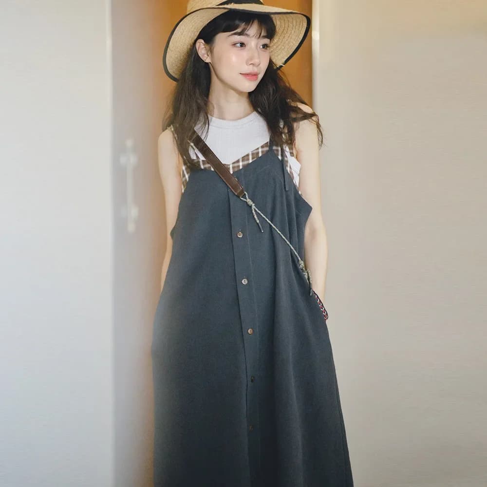 Maden-Robe à bretelles spaghetti à surpiqûres vintage japonaises pour femmes, robe longue sans manch