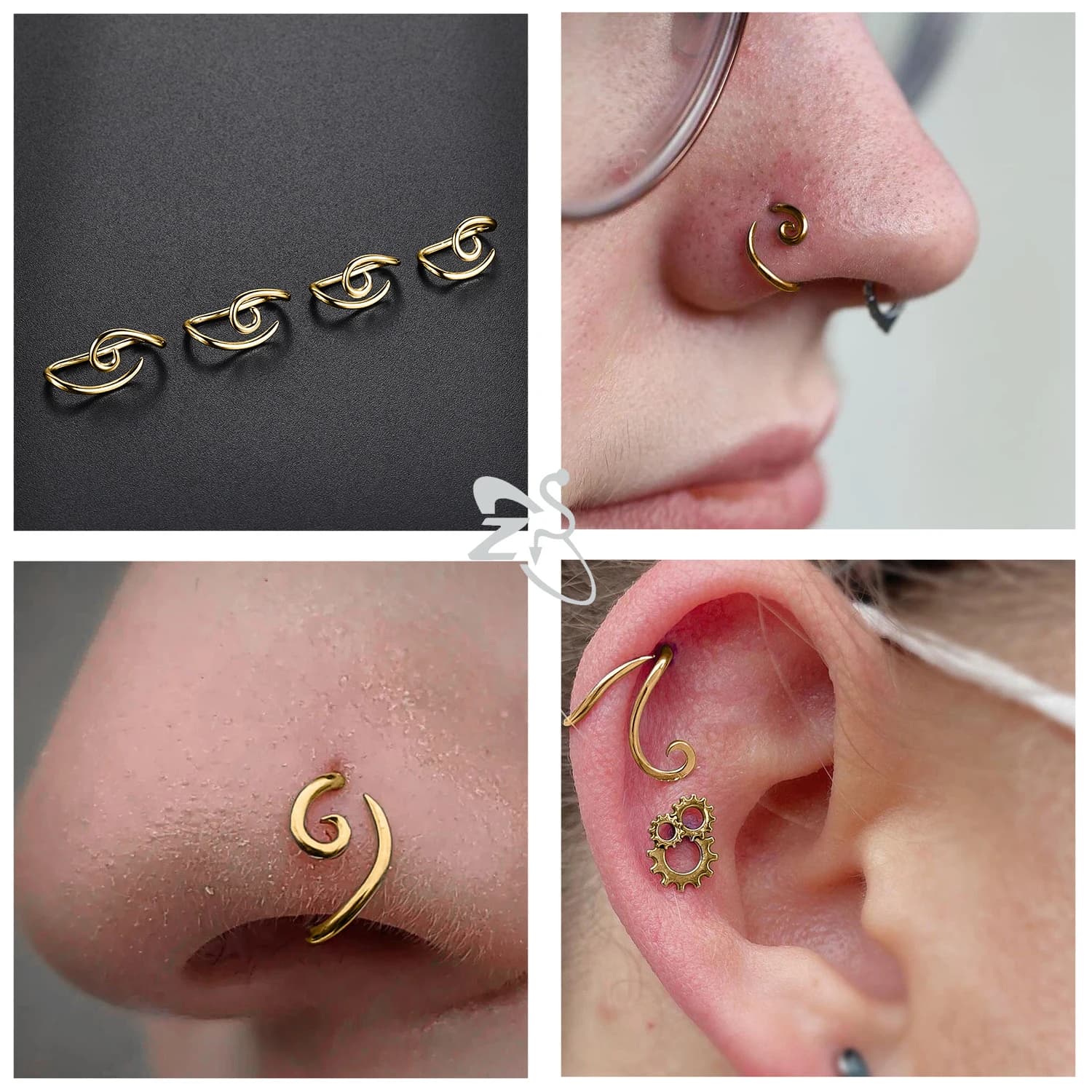 ZS 1PC 16G 925 argent crochet intérieur crochet extérieur anneau à sourcils pont en spirale nez Stud