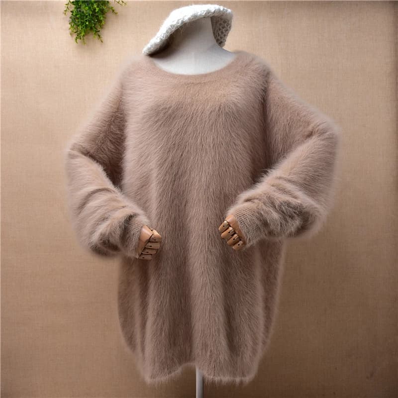 Pull tricoté en cachemire de vison pour femmes, doux, rose épais et chaud, col rond fendu, en fourru