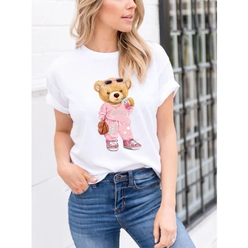 Femmes amusant dessin animé lait thé ours imprimé col rond à manches courtes t-shirts hauts ours en 