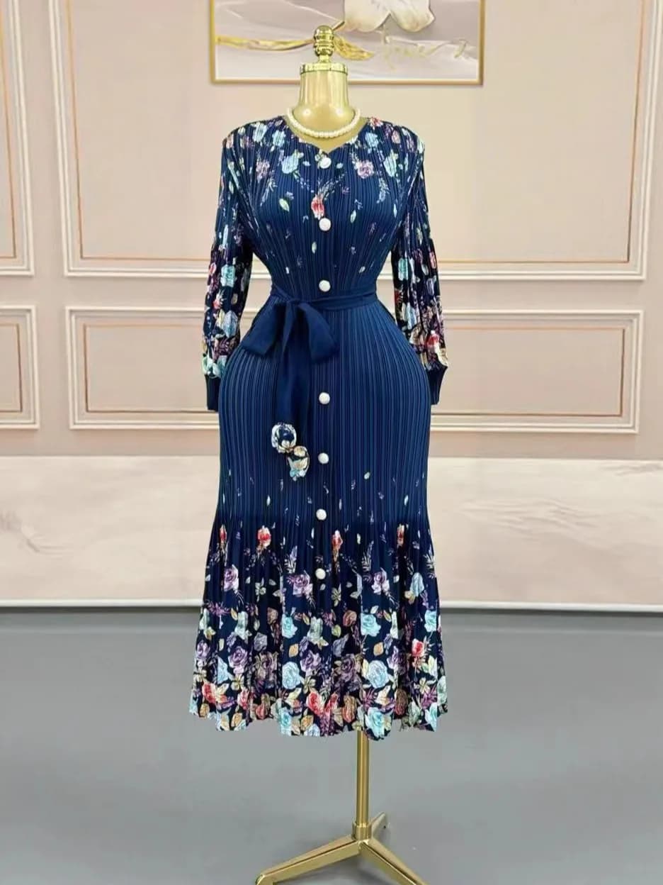 Miyake – robe imprimée à boutons, tempérament, ample, coupe cintrée, longueur moyenne, vêtements pou