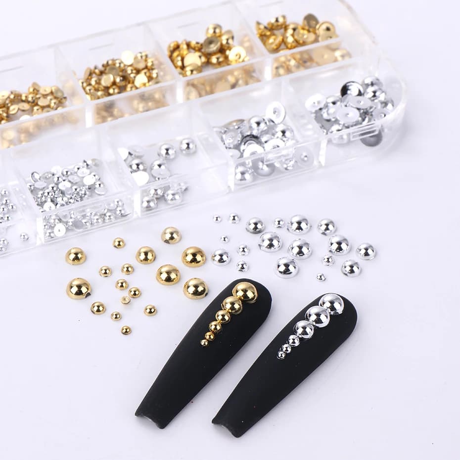12 grilles de couleurs mélangées or argent plat demi-rond perle ongles pièces Flatback ornement 3D m