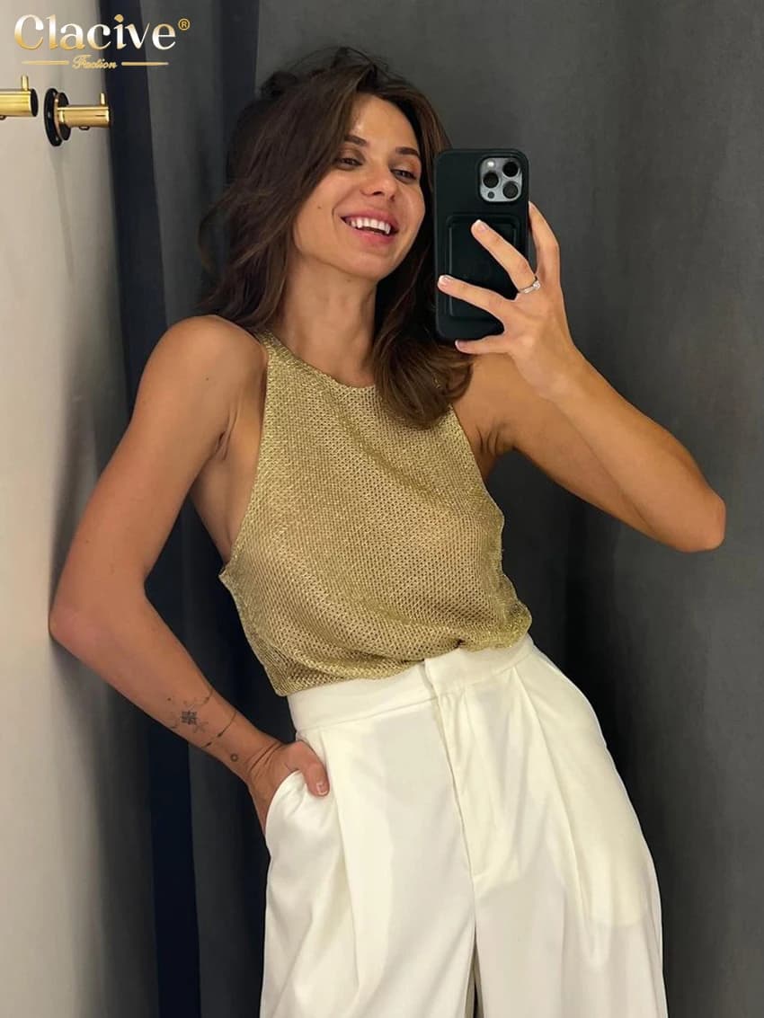Clacive – débardeur Slim doré pour femmes, élégant, col rond, sans manches, Sexy, classique, vêtemen