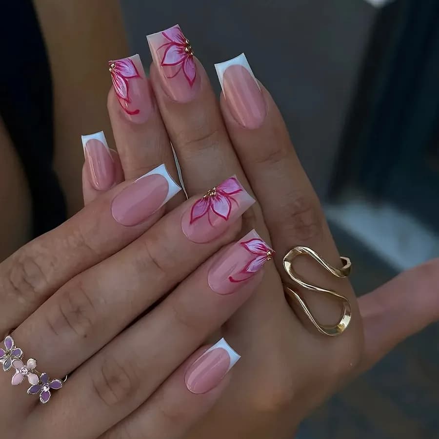 Faux ongles de Style français rose, fleur blanche imprimée, tête carrée courte, à pression, simples,