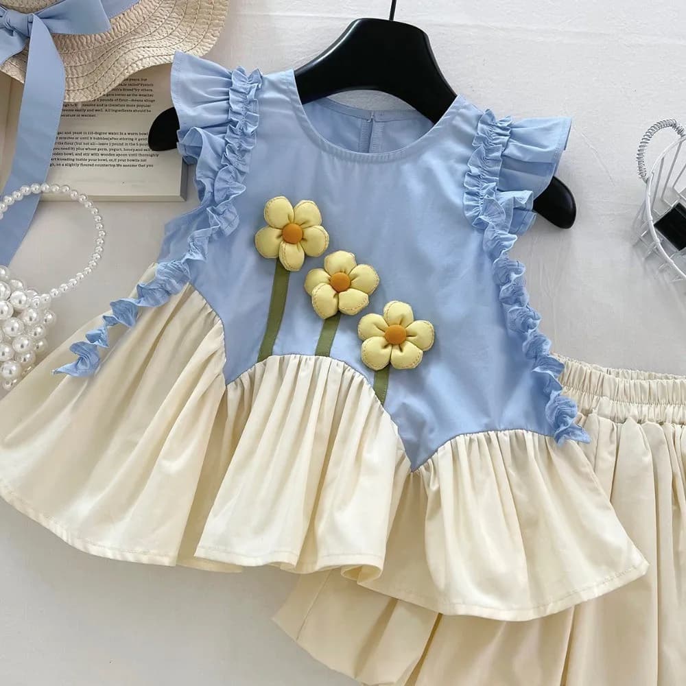 Ensemble deux pièces t-shirt à manches volantes + short, décontracté, Patchwork de fleurs 3D, vêteme