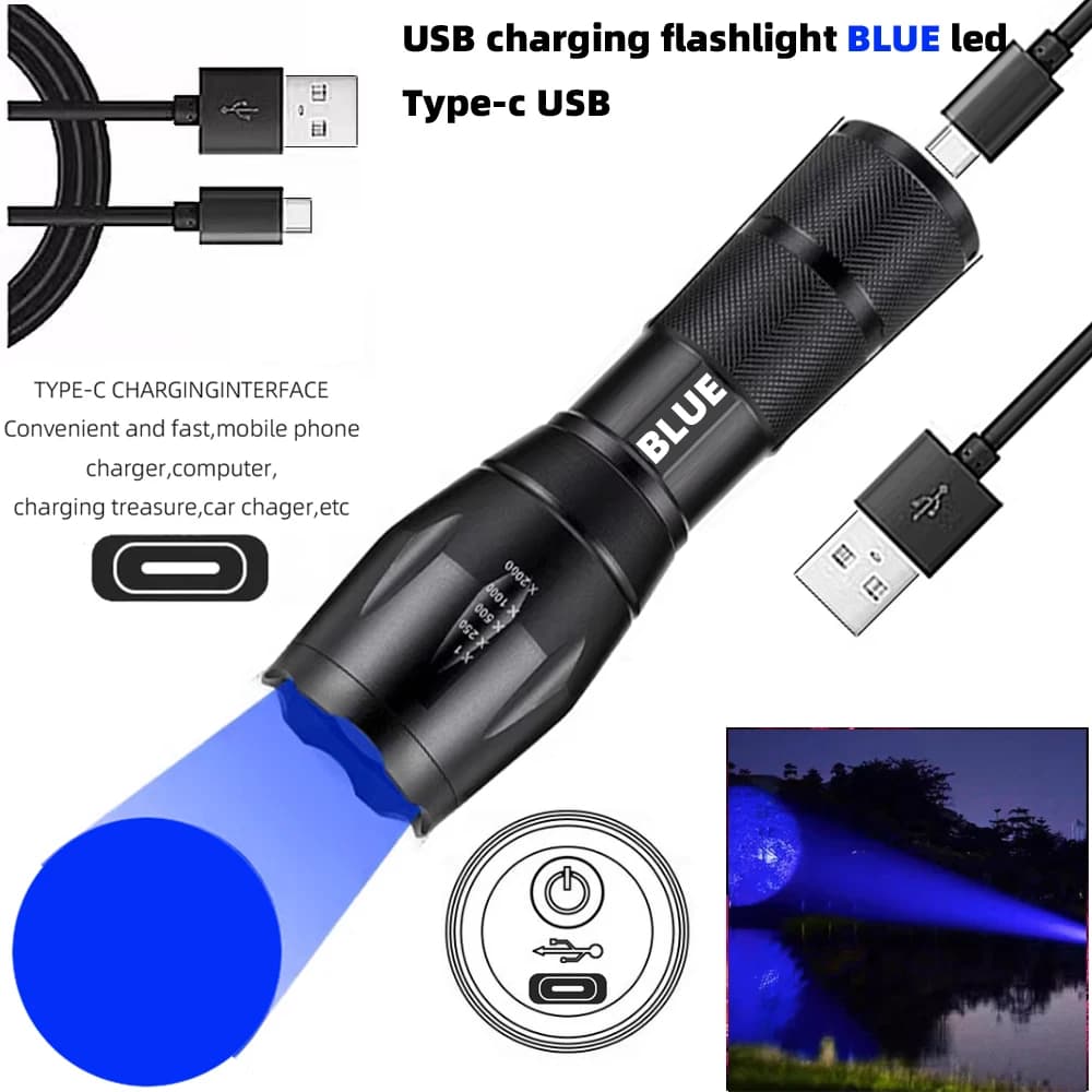 Lampe de poche LED lumière bleue, torche bleue de chasse type-c Rechargeable, lumière de suivi du sa