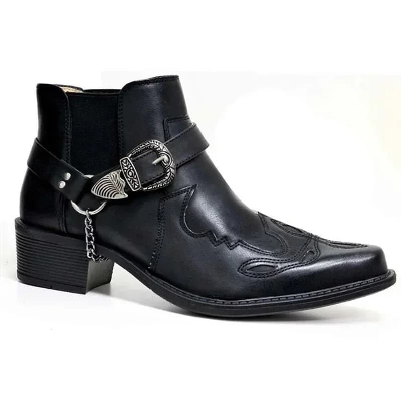Mode 2025 hommes Vintage Cowboy bottes en cuir haut chaîne boucle sangle Punk chaussures bout pointu