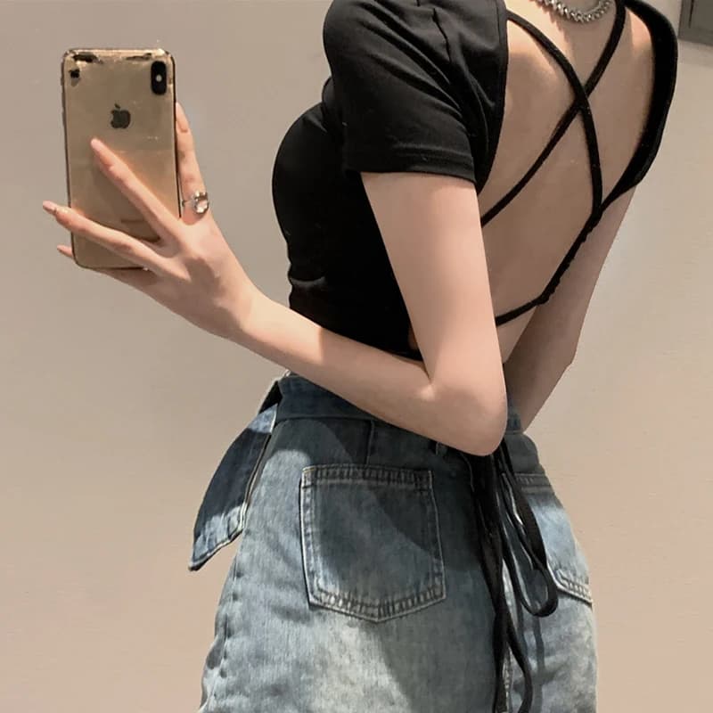 90s Été Sexy Dos Nu Cravate Bandage À Top Femmes Manches Courtes Gilet T-shirt Mode Casual Évider Mi