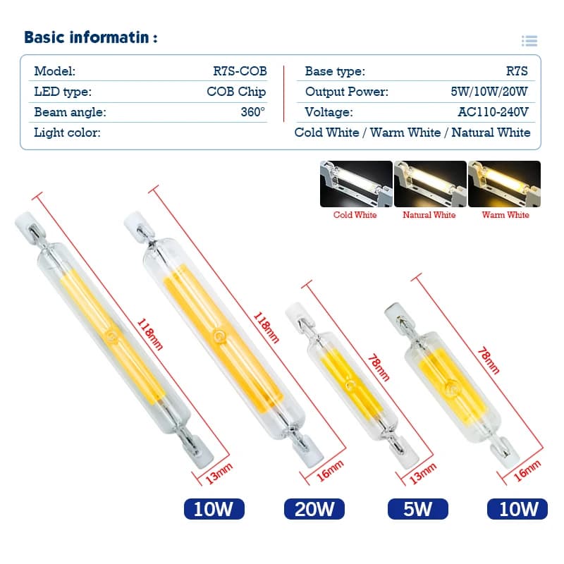 Ampoule LED haute puissance R7S en Tube de verre COB, céramique 110V 220V 78MM 118MM, lampe épis de 