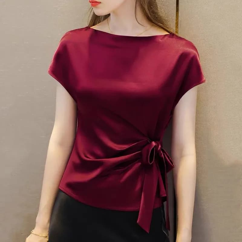 Chemise en mousseline de soie à col bateau pour femme, blouse en satin acétate, vintage, noir, blanc
