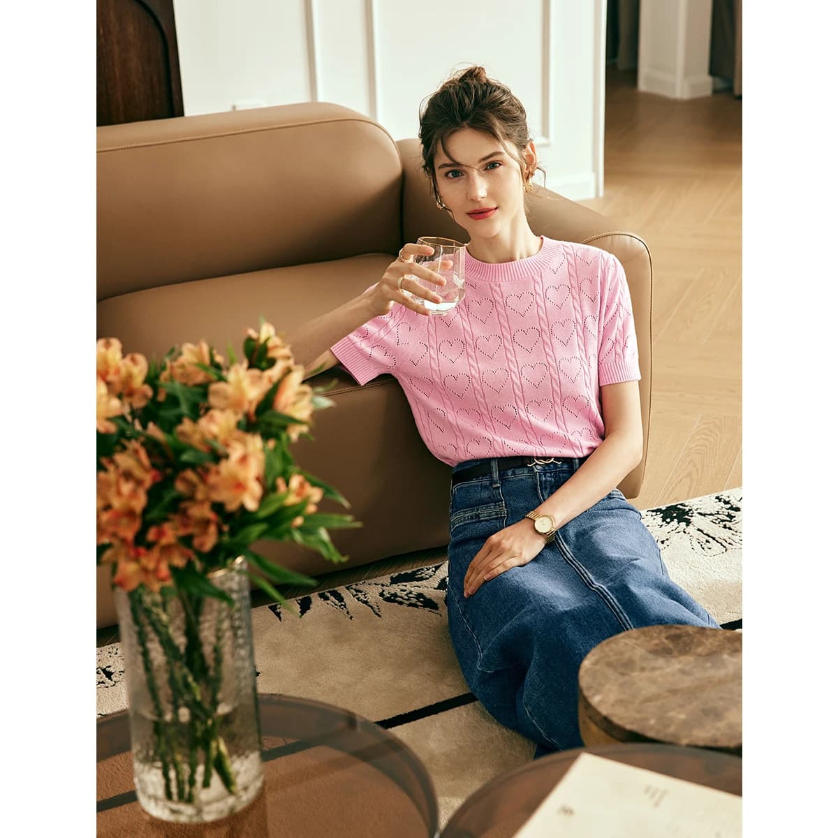 Pull-over OLrain pour femme, collection été 2026, style français, manches courtes, tricoté, col rond