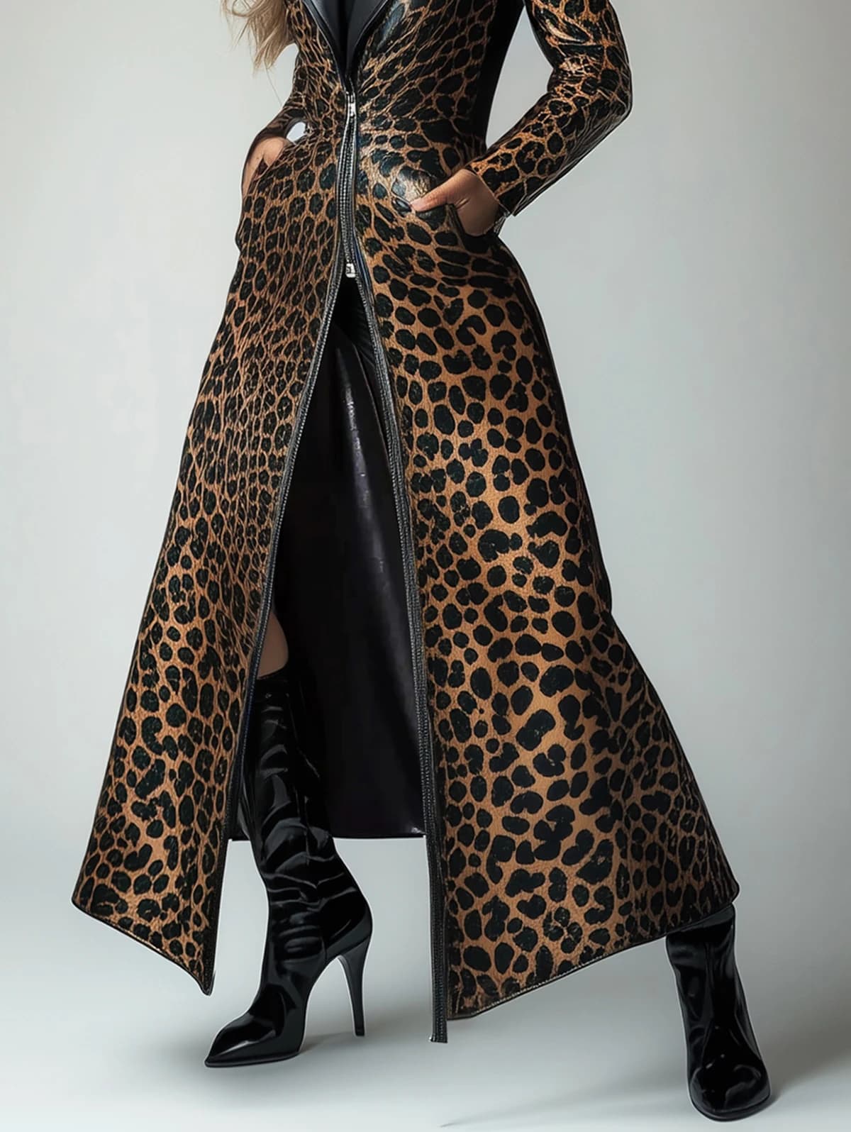Trench-coat en cuir PU avec poche zippée et motif léopard