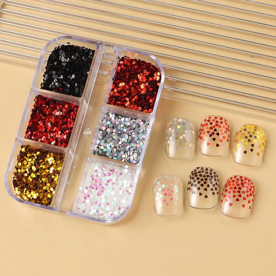 6 grilles Y2K mignon coeur paillettes ongles paillettes Kawaii Mini Laser doré argenté amour flocon 