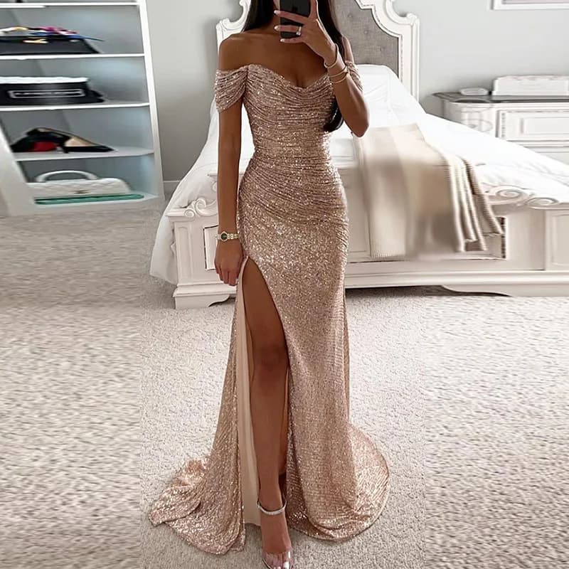 Robe de soirée longue à paillettes pour femmes, col slash, fente haute, hanches minces Sharkly, prin