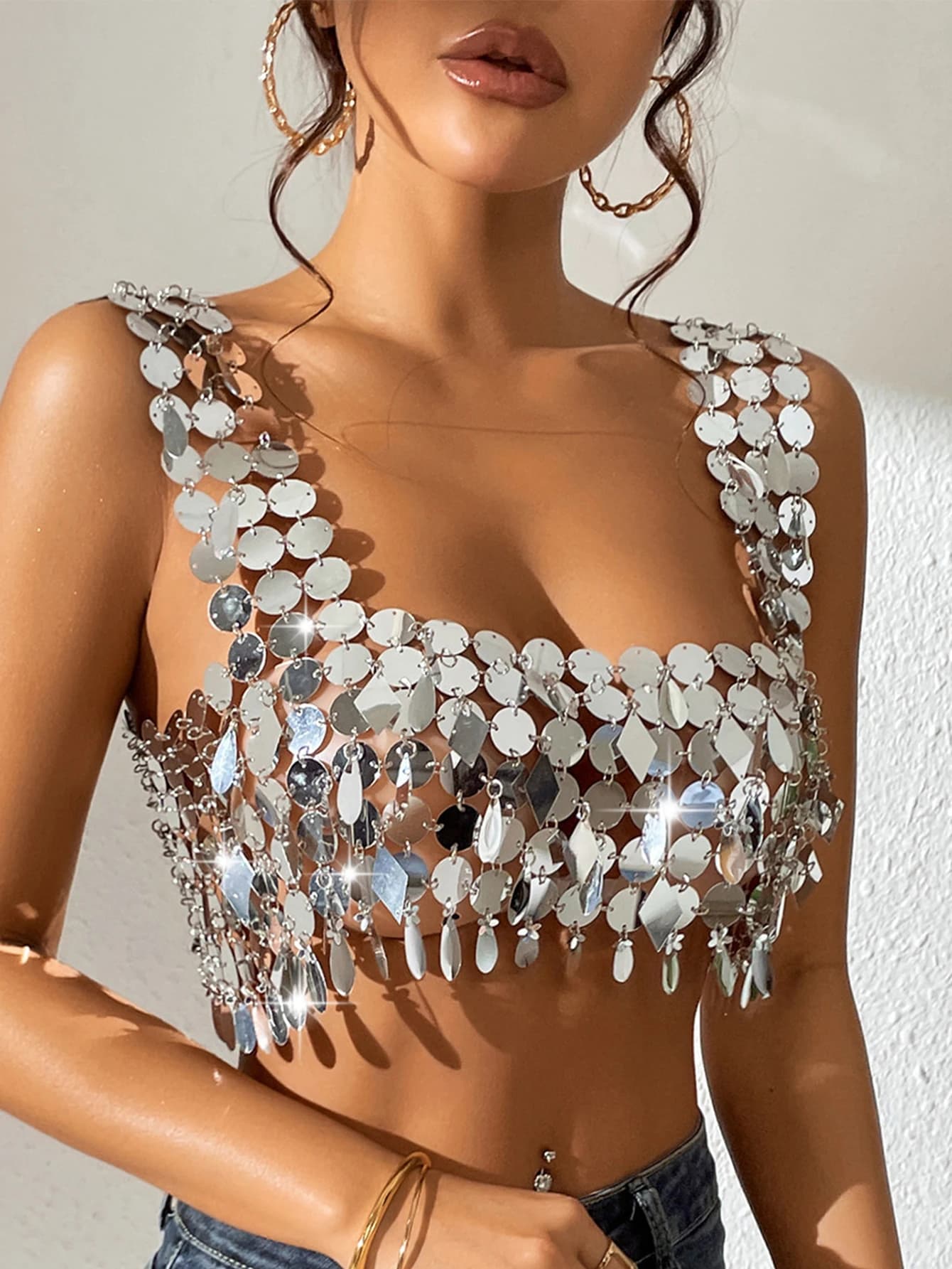 Haut court sexy transparent Y2K à sequins métalliques pour femme, collection été 2026, idéal pour la