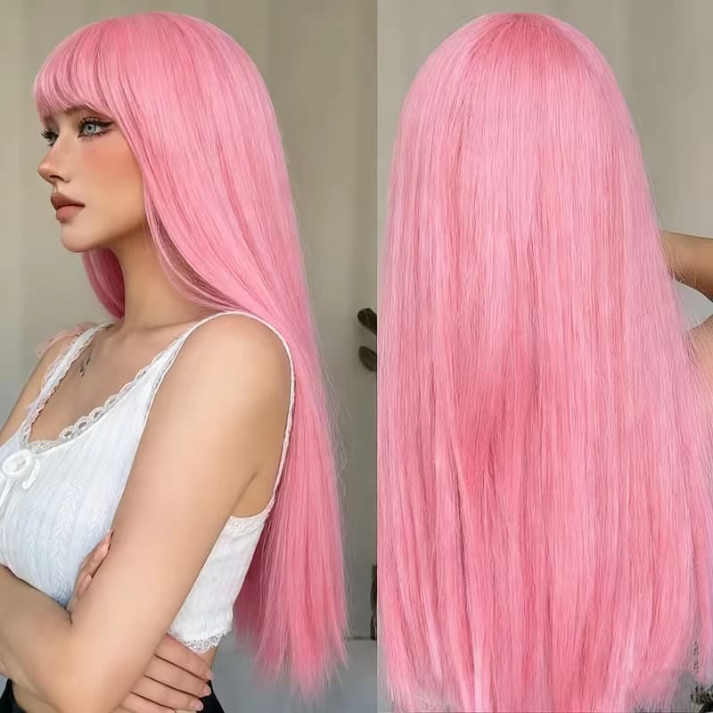 Perruque synthétique rose longue et droite pour Halloween, cosplay, jeux de rôle et fêtes quotidienn